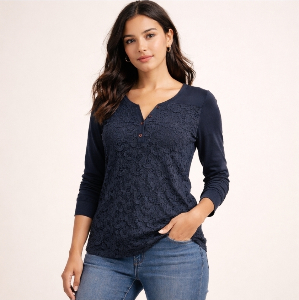 Navy Blue Lace Front Long Sleeve Top Women’s Medium V Neck Button Blouse